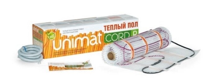 Теплый пол Unimat CORD P 140-0,5-1,2 Теплый пол Unimat CORD P 140-0,5-1,2Нагревательные маты<br>Если перед вами стоит задача реализации отопительной системы помещения с наливным полом, то кабельный теплый пол модели CORD P 140-0,5-1,2, разработанный отечественным брендом UNIMAT, станет прекрасным выбором. Изделие представляет собой кабель с греющими жилами, который размещен на армирующей сетке. Отличается простотой монтажа и безопасностью использования.<br>Особенности и преимущества теплых полов серии CORD P от бренда UNIMAT:<br><br>Тонкий термомат для укладки в стандартных помещениях (удельная мощность 140 Вт/м ).<br>Толщина нагревательного кабеля 4 мм.<br>Двухслойная изоляция нагревательных жил тефлон, внешняя изоляция кабеля ПВХ.<br>Защитный экран из алюминиевой фольги с дополнительным проводником.<br>Силовой кабель: трехжильный, двойная изоляция, сечение 1,5 мм, длина 1,5 м.<br>Ширина рулона теплого пола UNIMAT CORD 50 см.<br>Терморегулятор с датчиком температуры пола (приобретается отдельно).<br><br>Состав комплекта поставки теплого пола CORD P от компании UNIMAT:<br><br>Конвекционный кабельный теплый пол Юнимат Корд P<br>Термомат в рулоне с подсоединенным силовым кабелем.<br>Гофротрубка.<br>Заглушка к гофротрубке.<br>Инструкция по эксплуатации и гарантийный талон.<br><br>Теплый пол серии CORD T/ P от торговой марки UNIMAT представляет собой нагревательный мат ультратонкого размера, который выполнен на основе резистивного кабеля с двумя жилами. Представленный теплый пол сможет обеспечить равномерный прогрев всего помещения, а монтируются такие маты в плиточные и наливные полы, а также тонкую стяжку. UNIMAT CORD T/ P совершенно безопасен и может использоваться повсеместно: в гостиной и кухне, спальне и детской комнате, даже в ванной.<br><br>Страна: Россия<br>Мощность, кВт: None<br>Удельная мощ., Вт/м?: 140,0<br>Длина, м: None<br>Площадь, м?: 1,2<br>Тип кабеля: Резистивный, двухжильный, экранированный<br>Напряжение, В: 220<br>диаметр нагревательного кабеля, мм: 4,0<br>Изоляция: Есть<br>Экран: Есть<br>Вес, кг: 1<br>Гарантия: 10 лет