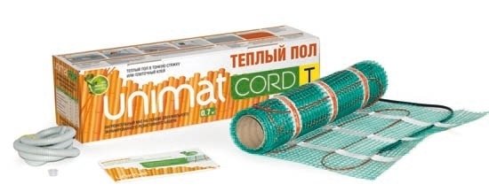 Теплый пол Unimat CORD T 130-0,5-4,2 Теплый пол Unimat CORD T 130-0,5-4,2Нагревательные маты<br>Подбираете способ обогрева помещения? Хотите приобрести что-то экономичное, но эффективное? Теплый пол CORD T 130-0,5-4,2 от бренда UNIMAT станет прекрасным выбором. Среди его преимуществ стоит выделить высокую степень надежности изделия, долговечность и удобство монтажа и использования. Представленный греющий кабель сможет успешно справляться с задачей обогрева на протяжении пятнадцати лет, даря вам комфорт и тепло.<br>Особенности и преимущества теплых полов серии CORD T от бренда UNIMAT:<br><br>Сверхтонкий нагревательный мат обладает повышенной надежностью, предназначен для использования в стандартных и холодных помещениях.<br>Толщина нагревательного кабеля 2,8 мм.<br>Три слоя высокотемпературной тефлоновой изоляции надежно защищают нагревательные жилы, а также внешнюю и внутреннюю поверхности кабеля.<br>Экран имеет сетчатую оплетку из луженой меди.<br>Для удобства фиксации при монтаже на сетке предусмотрено специальное клеевое покрытие.<br>Линейка включает маты для укладки в холодных помещениях (на дачах, лоджиях, верандах, балконах и пр.) мощностью 200 Вт/м , а также продукцию для стандартных условий использования (мощностью 130 Вт/м ).<br><br>Состав комплекта теплого пола UNIMAT CORD T:<br><br>Термомат в рулоне.<br>Гофротрубка с заглушкой.<br>Паспорт изделия, инструкция, гарантийный талон.<br><br>Теплый пол серии CORD T/ P от торговой марки UNIMAT представляет собой нагревательный мат ультратонкого размера, который выполнен на основе резистивного кабеля с двумя жилами. Представленный теплый пол сможет обеспечить равномерный прогрев всего помещения, а монтируются такие маты в плиточные и наливные полы, а также тонкую стяжку. UNIMAT CORD T/ P совершенно безопасен и может использоваться повсеместно: в гостиной и кухне. Спальне и детской комнате, даже в ванной.<br><br>Страна: Россия<br>Мощность, кВт: None<br>Удельная мощ., Вт/м?: 130,0<br>Длина, м: None<br>Площадь, м?: 4,2<br>Тип кабеля: Резистивный, двухжильный, экранированный<br>Напряжение, В: 220<br>диаметр нагревательного кабеля, мм: 2,8<br>Изоляция: Есть<br>Экран: Есть<br>Вес, кг: 1<br>Гарантия: 15 лет