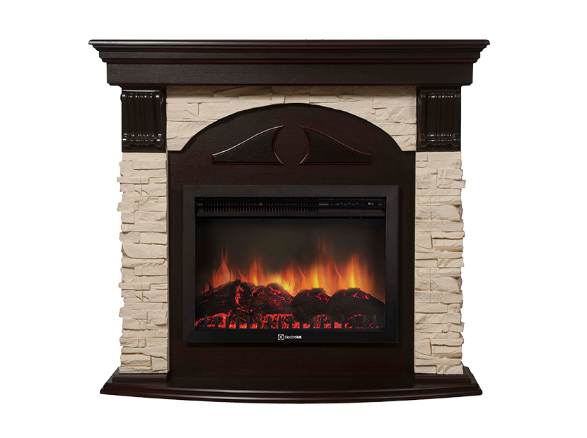 Электрокамин с широким очагом 2D Electrolux EFP/P-2520LS с порталом Firelight Torre 25U (угловой) камень белый, шпон темный дуб