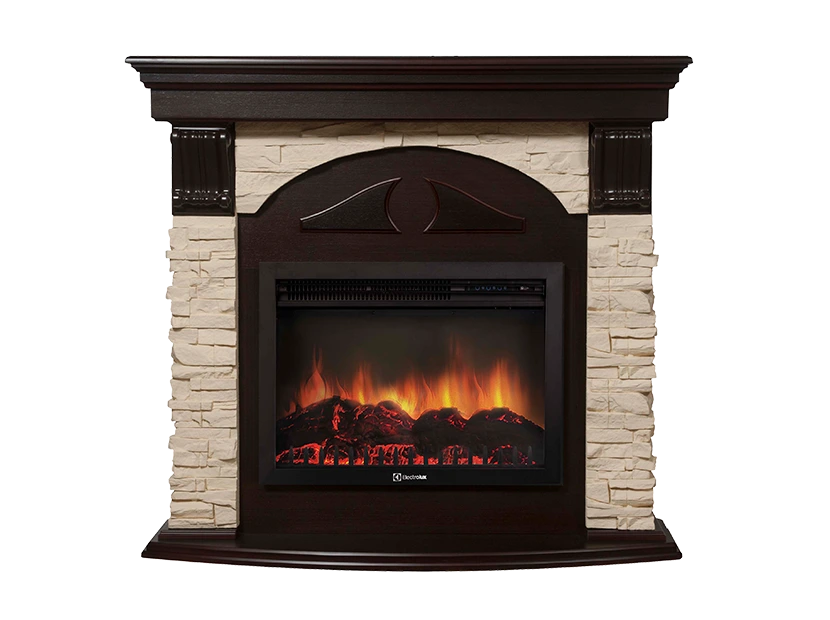Электрокамин с широким очагом 2D Electrolux EFP/P-2520LS с порталом Firelight Torre 25U (угловой) камень белый, шпон темный дуб