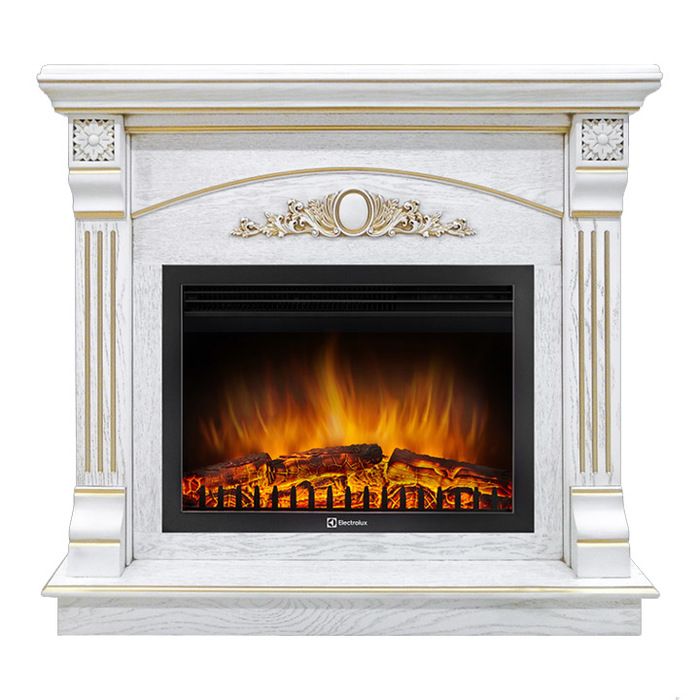 Электрокамин с широким очагом 2D Electrolux EFP/P-2520LS с порталом Firelight Barocco 25 белый дуб с золотой патиной