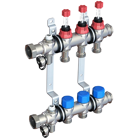 Для отопления Elsen Коллекторная группа, 1", 8 контуров, размер отвода-3/4", с вентилями и расходомерами, нержавеющая сталь