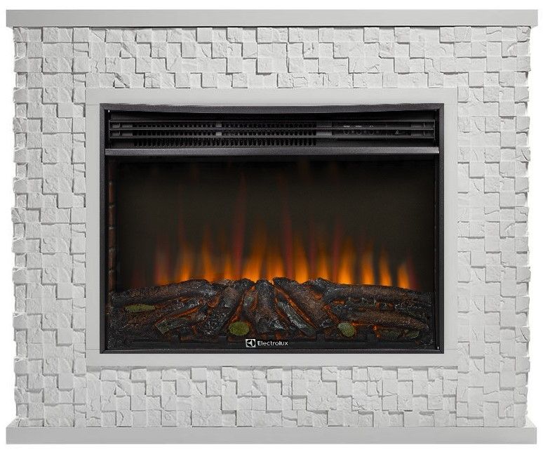 Электрокамин с широким очагом 2D Electrolux EFP/P-3020LS N с порталом Firelight Quadro 30 камень песчаник античный белый, белая эмаль