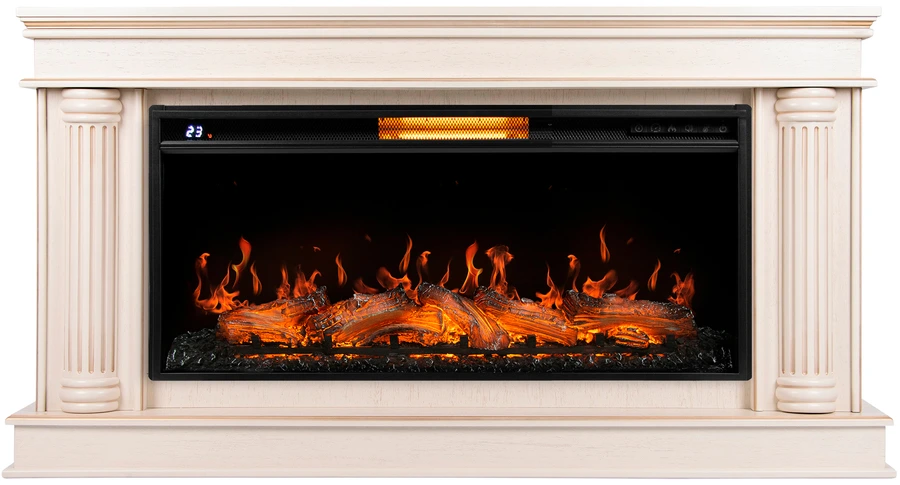 Электрокамин с широким очагом 2D Royal Thermo Aurora RTFP/P-AR40LS с порталом Firelight Olympia 40, слоновая кость с золотой патиной