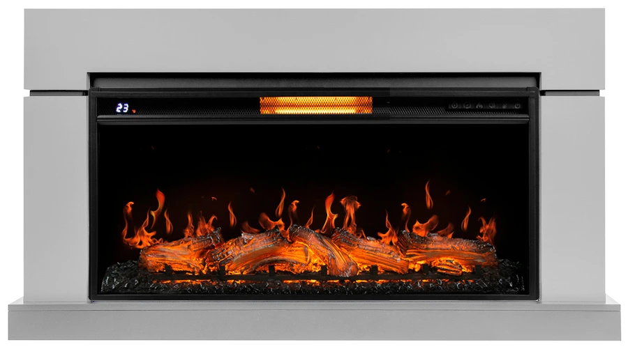 Электрокамин с широким очагом 2D Royal Thermo Aurora RTFP/P-AR40LS с порталом Firelight Lindos 40, светло-серый, р/в