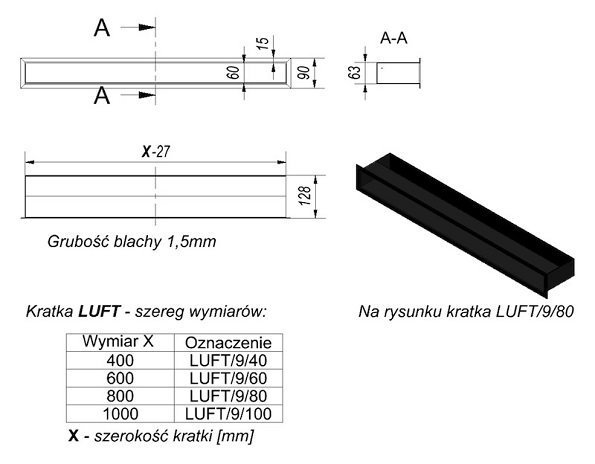 Вентиляционная решетка Kratki Люфт черная 9x40 LUFT9/40/45S/C, цвет черный Kratki Люфт черная 9x40 LUFT9/40/45S/C - фото 2