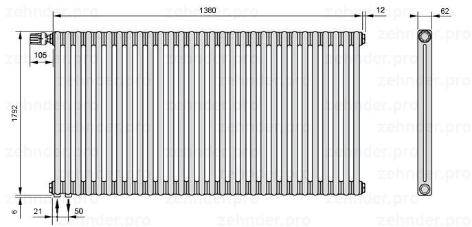 

Радиатор отопления Zehnder, Technolinetl, Zehnder Charleston 2180/30 TL