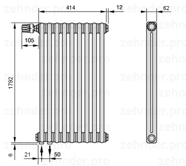 

Радиатор отопления Zehnder, Technolinetl, Zehnder Charleston 2180/9 TL
