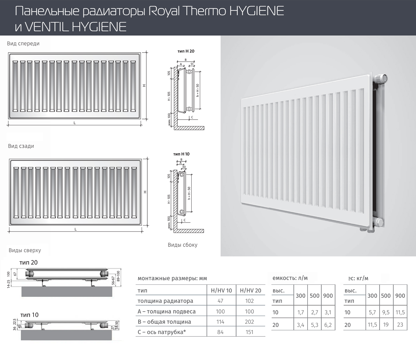Стальной панельный радиатор Тип 10 Royal Thermo HYGIENE 10-300-900, цвет белый - фото 2