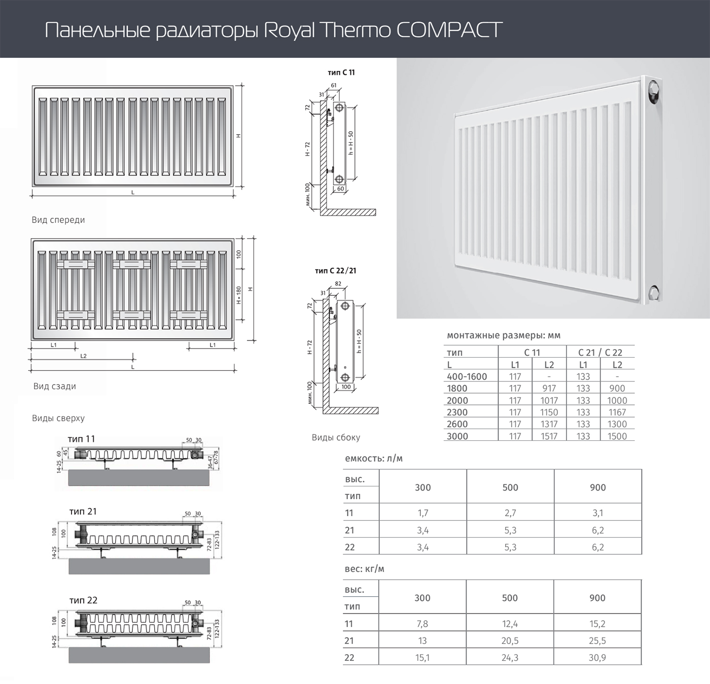 Стальной панельный радиатор Тип 11 Royal Thermo COMPACT 11-300-400, цвет белый - фото 2