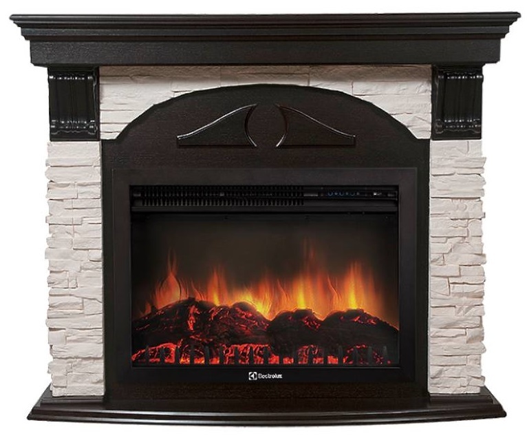 

Электрокамин с широким очагом 2D Electrolux, Венге/белый, Electrolux EFP/P-2520LS с порталом Firelight Torre 25S камень белый, венге