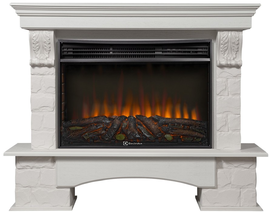 

Электрокамин с широким очагом 2D Electrolux, Беленый дуб, Electrolux EFP/P-3020LS N с порталом Firelight Forte 30S камень белый, шпон белёный дуб