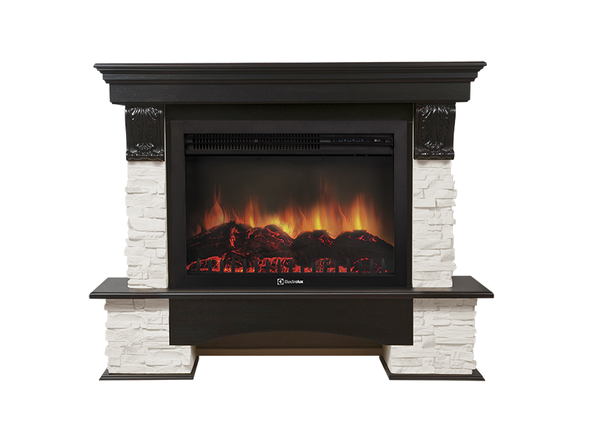 

Электрокамин с широким очагом 2D Electrolux, Венге/белый, Electrolux EFP/P-3020LS с порталом Firelight Pietra 30S камень белый, венге