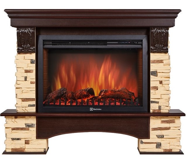 

Электрокамин с широким очагом 2D Electrolux, Тёмный дуб, Electrolux EFP/P-3020LS с порталом Firelight Pietra 30 U камень сланец натуральный, темный дуб