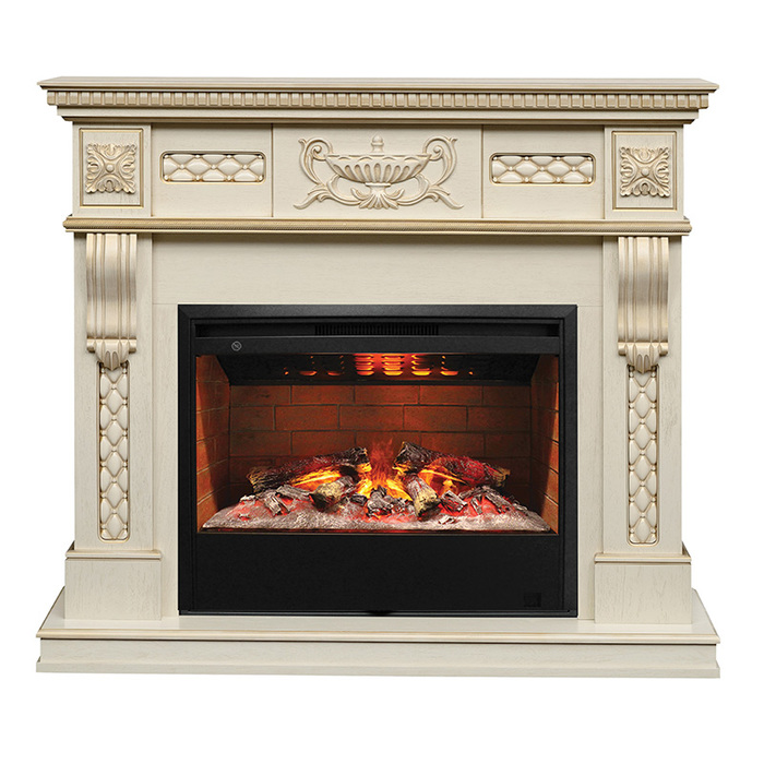 

Электрокамин с широким очагом 3D Real-Flame, Белый дуб с золотой патиной, Real-Flame Corsica Lux 26 WT с очагом 3D Helios 26