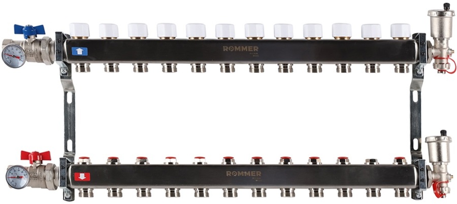Для отопления Rommer 1/3/4x12 с запорными клапанами (RMS-3210-000012) коллектор rommer rms 3210 000012 1х3 4 12 выходов в сборе без расходомеров нерж сталь