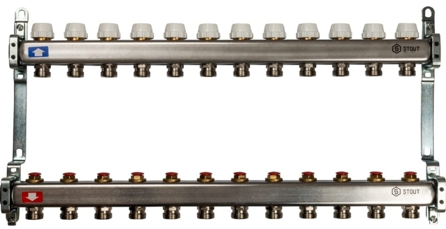 Коллектор с запорными клапанами STOUT планка монтажная stout 500х50 мм для труб 16 20 мм
