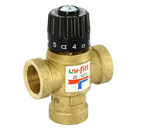 Смесительный клапан Uni-fitt Н 3/4 термосмесительный 20-43С, Kvs 1,6 смешение боковое