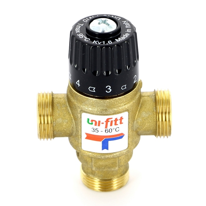 Смесительный клапан Uni-fitt Н 3/4 термосмесительный 35-60С, смешение боковое, латунный