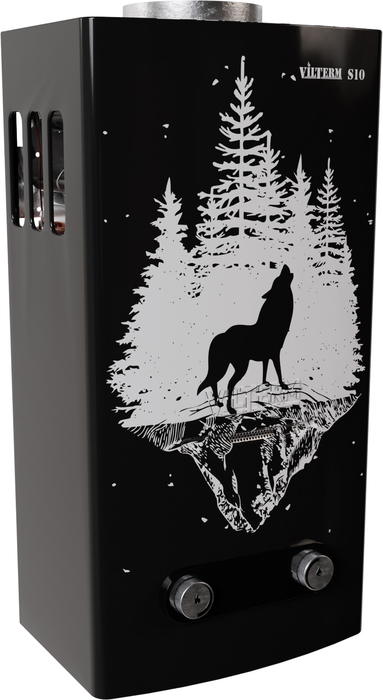 Газовый проточный водонагреватель VilTerm S10 Print (волк) черная, размер 583x290x239