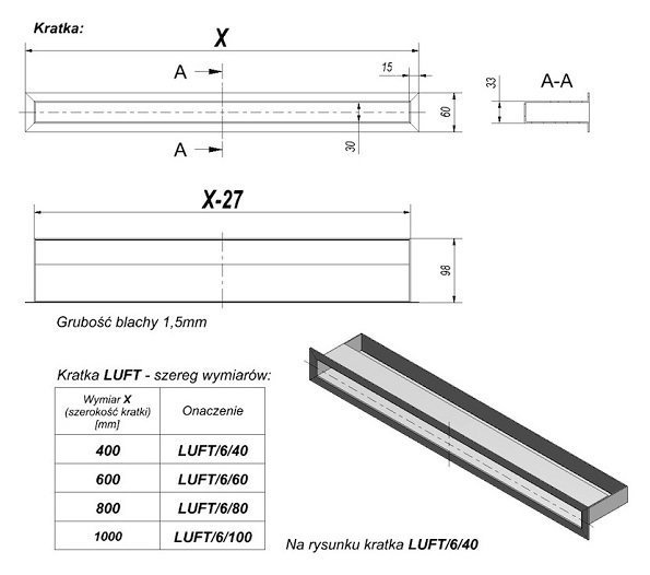 Вентиляционная решетка для камина Kratki Люфт стальная 6x100 LUFT/6/100/45S/SZ фото #2
