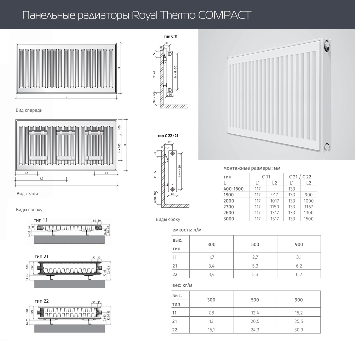 Стальной панельный радиатор Тип 11 Royal Thermo COMPACT 11-500-1700 фото #2