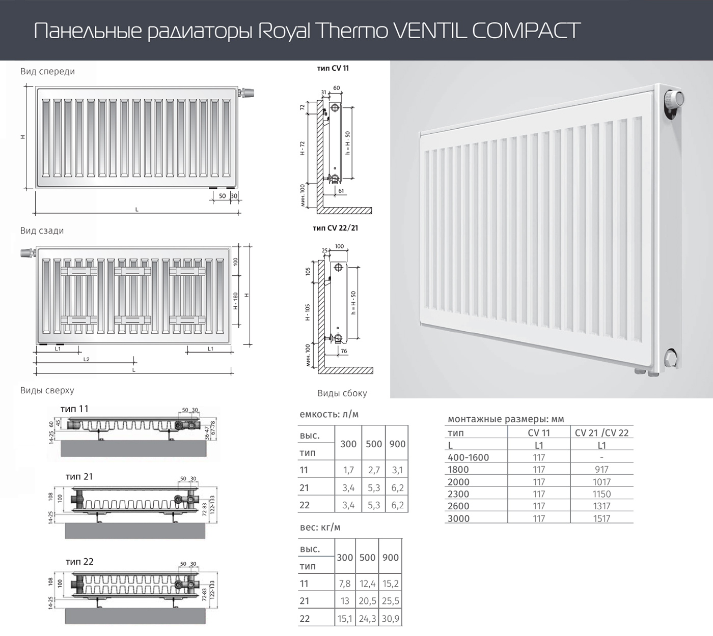 Стальной панельный радиатор Тип 22 Royal Thermo VENTIL COMPACT 22-300-1000 фото #2