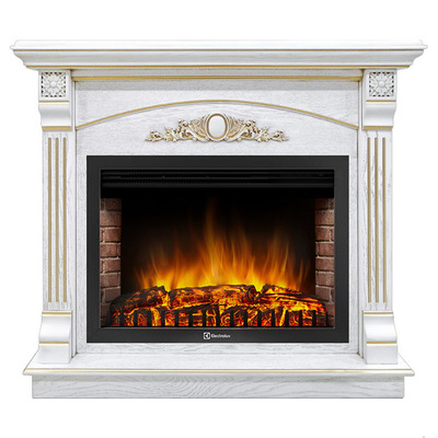 Электрокамин с широким очагом 2D Electrolux EFP/P-3320RLS с порталом Firelight Barocco 30 белый дуб с золотой патиной