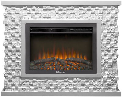 Электрокамин с широким очагом 2D Electrolux EFP/P-2520LS N с порталом Firelight Quadro 25 камень песчаник античный белый, белая эмаль
