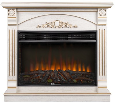 Электрокамин с широким очагом 2D Electrolux EFP/P-3020LS N с порталом Firelight Barocco 30 шпон белый дуб с золотой патиной