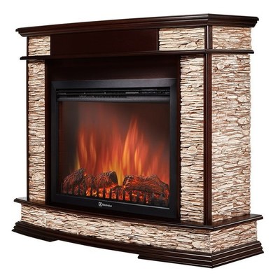 Электрокамин с широким очагом 2D Electrolux EFP/P-3020LS с порталом Firelight Scala 30 камень сланец скалистый бурый, шпон тёмный дуб