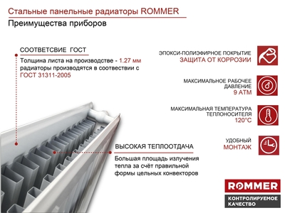 Стальной панельный радиатор Тип 11 Rommer Ventil 11/500/800 нижнее правое подключение фото #8